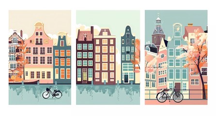 vintage travel poster style set of three illustrations of Amsterdam, flat vector illustrations in the art deco style