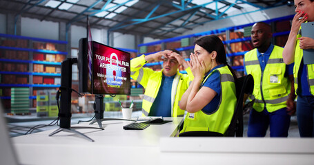 Aufkleber - Shocked Engineers In Automated Logistics Warehouse During Ransomware
