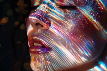 Wall Mural - a makeup reaction featuring augmented reality treatment and holographic beauty innovation.