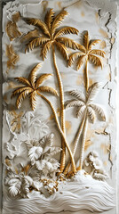 Sticker - Tropical islands on a concrete wall, golden and white, volumetric stucco molding