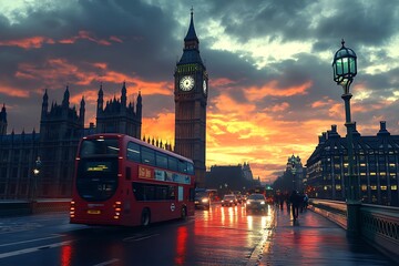 Wall Mural - The Westminster Palace and the Big Ben clocktower by the Thames river in London, United Kingdom, just after sunset