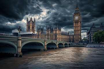 Wall Mural - The Westminster Palace and the Big Ben clocktower by the Thames river in London, United Kingdom, just after sunset