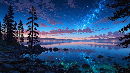 Wall Mural - lake tahoe usa natural wonders around the world sunset view anime theme