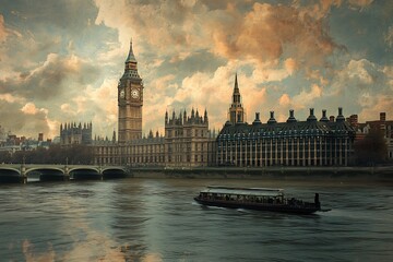 Wall Mural - The Westminster Palace and the Big Ben clocktower by the Thames river in London, United Kingdom, just after sunset