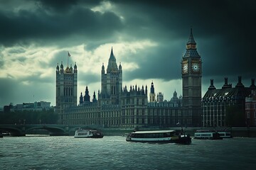 Wall Mural - The Westminster Palace and the Big Ben clocktower by the Thames river in London, United Kingdom, just after sunset