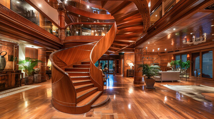 Poster - Grand spiral wooden staircase, rich mahogany wood, luxury, modern interior