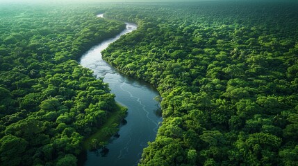 Wall Mural - lush green forest surrounding serene river flowing through wilderness at dawn. generative ai