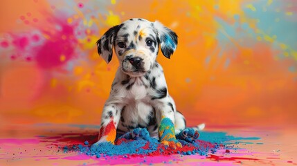 Wall Mural - A small dog is sitting in a pile of colorful paint