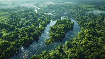Wall Mural - lush green river meandering through a dense forest during early morning light. generative ai