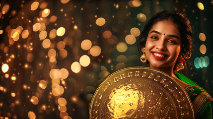 Wall Mural - indian woman wearing golden and green suit, festival look, holding big blank yellow board in star shape