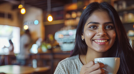 Poster - Indian woman with a bright smile, sitting in a cafe and sipping coffee, casual and relaxed atmosphere