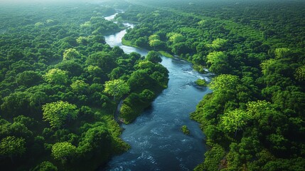 Wall Mural - lush green forest surrounds meandering river under bright morning light. generative ai