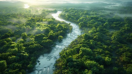 Wall Mural - lush green river landscape surrounded by dense forests at sunrise in tranquil nature. generative ai