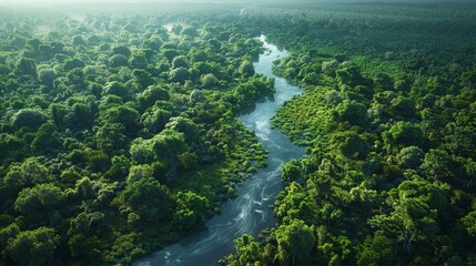 Wall Mural - aerial view of lush green forest and meandering river in early morning light. generative ai