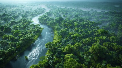 Wall Mural - lush green rainforest landscape at dawn with meandering river and misty background. generative ai