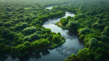Wall Mural - lush green forest surrounds serene meandering river during early morning light. generative ai