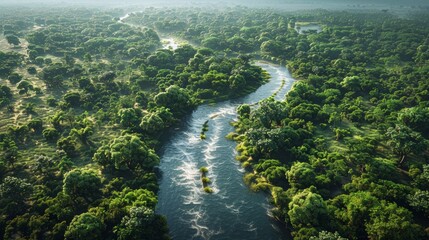 Wall Mural - meandering river flanked by lush greenery under morning light in a tranquil landscape. generative ai