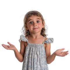 Wall Mural - A young girl is wearing a dress and is looking at the camera with a surprised expression