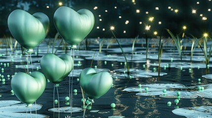 Wall Mural -  mint heart balloons, green pearls, stars, and a petrol-colored evening