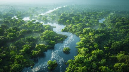 Wall Mural - lush green landscape with meandering river flowing through dense forests at early morning. generativ