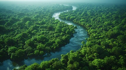 Wall Mural - lush green rainforest valley with serpent-like river flowing through in early morning light. generat