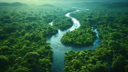 Wall Mural - lush green jungle river winding through tropical forest during early morning light. generative ai