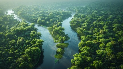 Wall Mural - lush green rainforest landscape with meandering river surrounded by dense vegetation at sunrise. gen