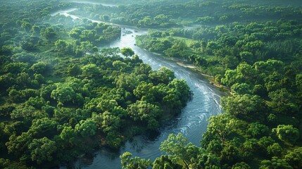 Wall Mural - aerial view of serene river winding through lush green forest in early morning light. generative ai