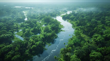 Wall Mural - lush tropical rainforest with winding river surrounded by dense foliage during early morning light. 