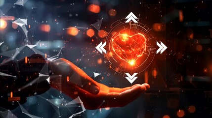 Wall Mural - A glowing heart surrounded by arrows is held in a hand against a dark background with a network of dots and lines. Seamless loop video background