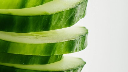 Wall Mural - Thin cucumber slices stacked, each slice showing detailed edges and fresh texture. The vibrant green against a plain white background