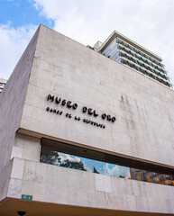 Bogotá, Colombia, exterior view of gold museum under partly cloudy sky