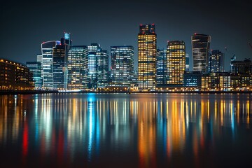 Wall Mural - Aerial drone night shot from iconic Canary Wharf illuminated skyscrapers business and financial area, Docklands, Isle of Dogs, London, United Kingdom