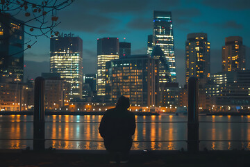 Aerial drone night shot from iconic Canary Wharf illuminated skyscrapers business and financial area, Docklands, Isle of Dogs, London, United Kingdom