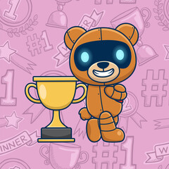 Sticker - Cute bear robot with big trophy on seamless pattern sport champion element background. Vector cartoon illustration