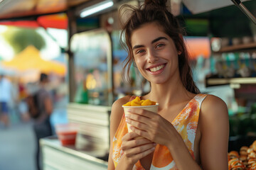 A woman with food truck holding some food or snack at outdoor market festival. Food truck concept