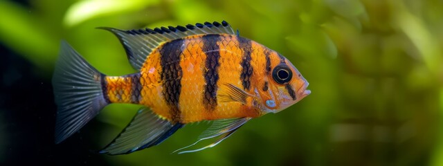 Wall Mural -  A tight shot of a tiny orange-black fish, featuring distinct black stripes against its body, set against a lush green background