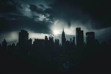 Sticker - Silhouette of city buildings against cloudy sky with sunlight, A dark and moody city skyline with dramatic lighting and shadows, AI generated