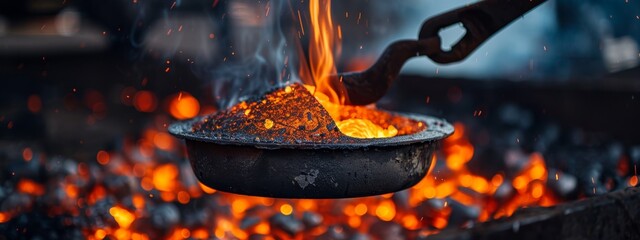 Canvas Print -  A tight shot of a frying pan over fire, with a dangling chain attached to its side