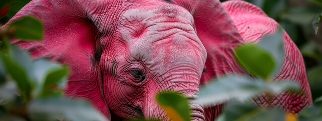 Poster -  A tight shot of a pink elephant's wrinkled face, surrounded by leaves in the foreground, and a tree framing the background