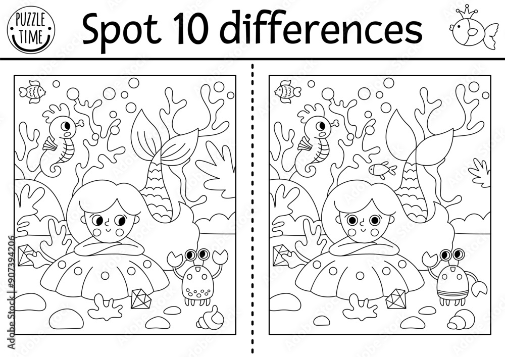 Vetor Find differences game for children. Mermaid black and white ...