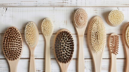 Wall Mural - Different massage brushes on a light wooden backdrop