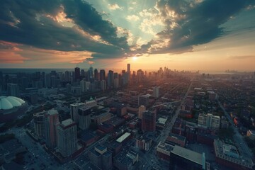 Sticker - city skyline at sunset, with vibrant colors illuminating the buildings and the tranquil waters of Lake , A city skyline seen from above, capturing the vast sprawl of urban development, AI generated