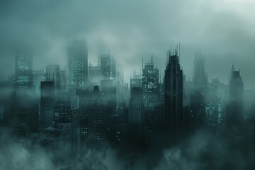 Poster - A city skyline enveloped in mist and fog, creating a sense of mystery, AI generated