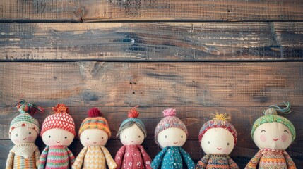 Wall Mural - Top view of dolls on a wooden background with space for text