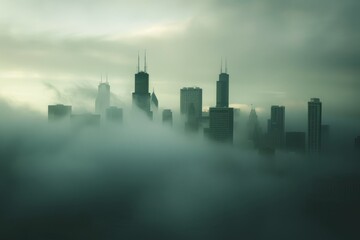 Poster - City skyline peeking through fluffy clouds, creating a dreamy atmosphere, A city skyline enveloped in mist and fog, creating a sense of mystery, AI generated