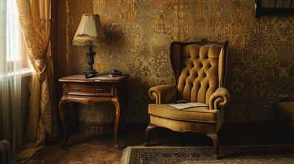 Poster - Armchair and table next to wall in cozy room