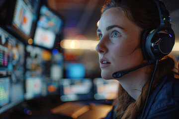 Focused female professional monitoring data in a high-tech control room, equipped with multiple screens and advanced communication headset, illustrating expertise and dedication in a modern workspace