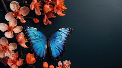 Wall Mural - Vibrant blue morpho butterfly and apricot blossoms against black backdrop with space for text