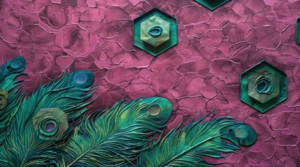 Wall Mural - Wide-format mural showcasing emerald green feathers within hexagons, contrasted against a magenta textured canvas